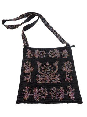 Indeed Beaded Black Crossbody Bag Floral Design Zipper Closure Purse Boho Artsy